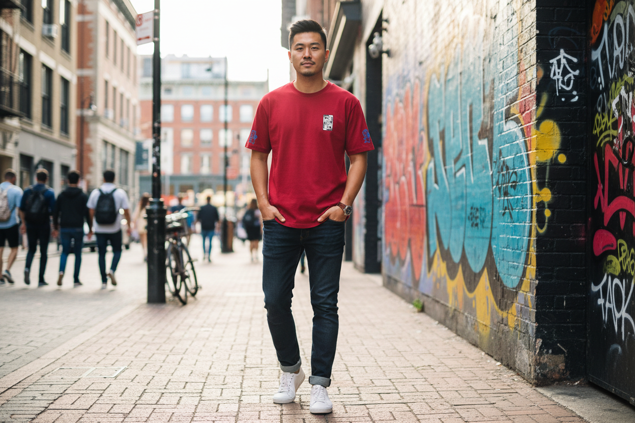 Chinese man wearing red King card 1 small logo t-shirt