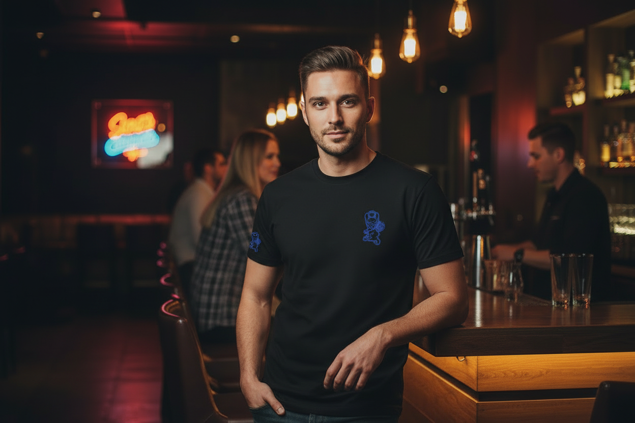 Man wearing Frenchie hero 2 small logo t-shirt in different pose