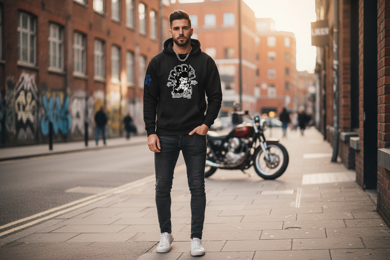 Man wearing Hot Rod Hero 1 hoodie