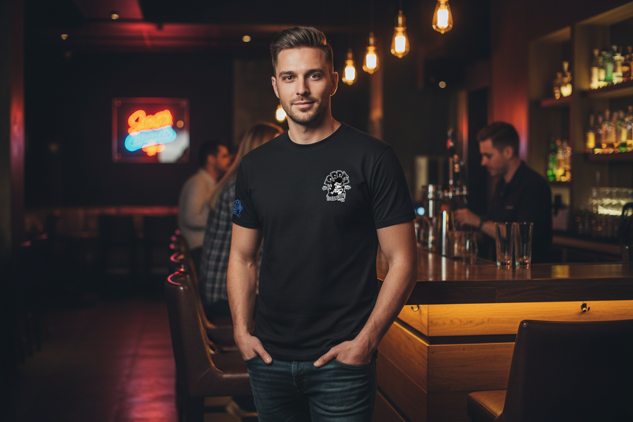 Man wearing Hot Rod Hero 5 small logo t-shirt in bar