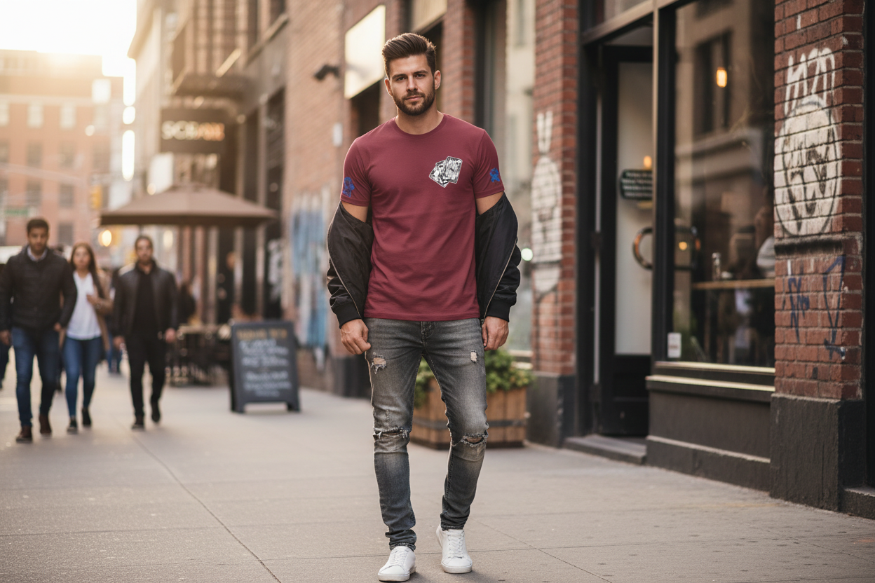 Man wearing Queen 1 small logo t-shirt