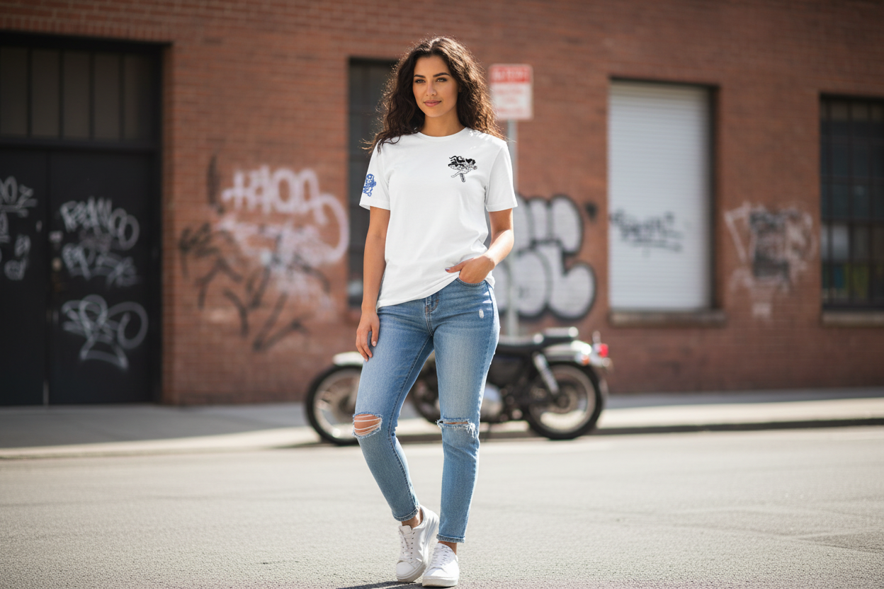 Woman wearing Hot Rod Hero 7 small logo t-shirt