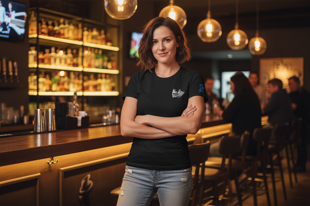 Woman wearing Hot Rod Hero 9 small logo t-shirt in bar