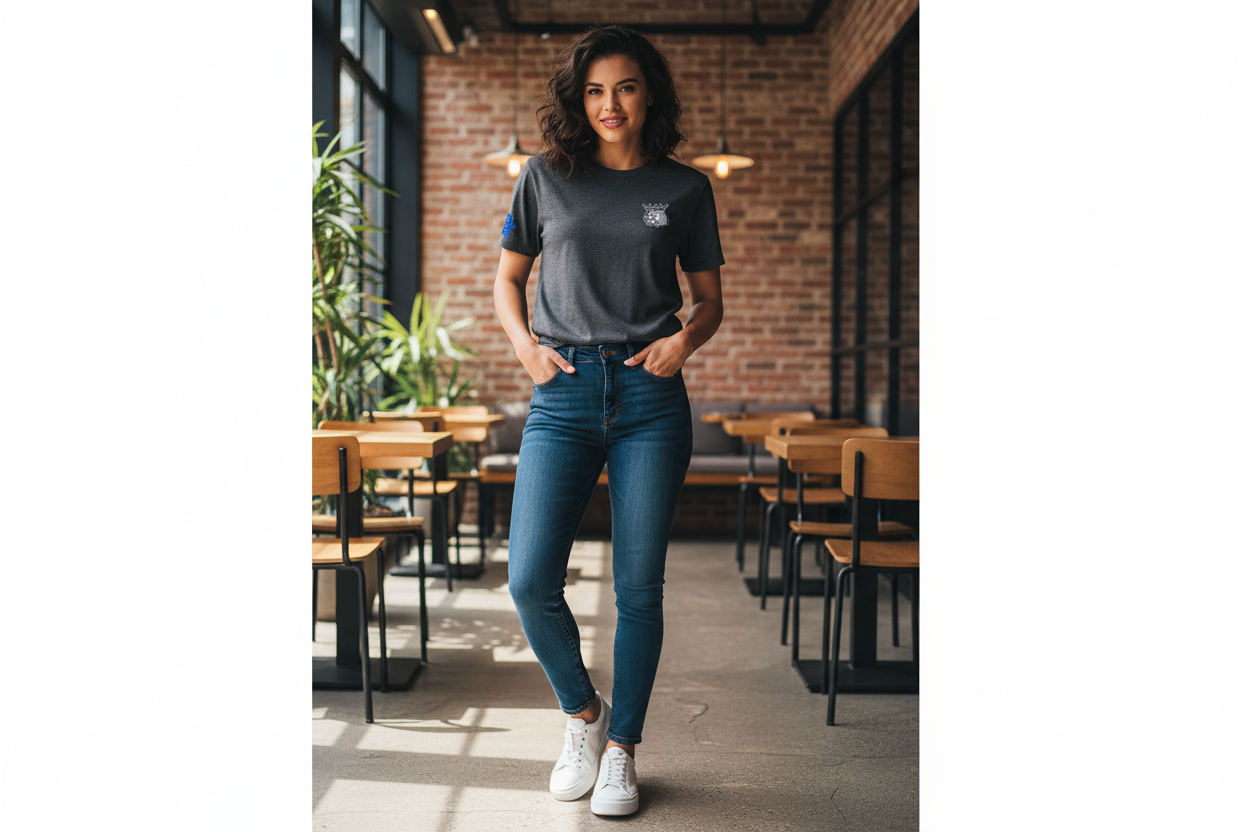 Woman wearing Laughing King 8 small logo t-shirt